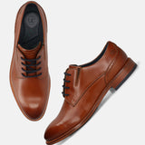 Men's Bugatti derby cognac leather shoes with a round toe and plain toe featuring a stacked heel , a leather outsole , and laces fastening.