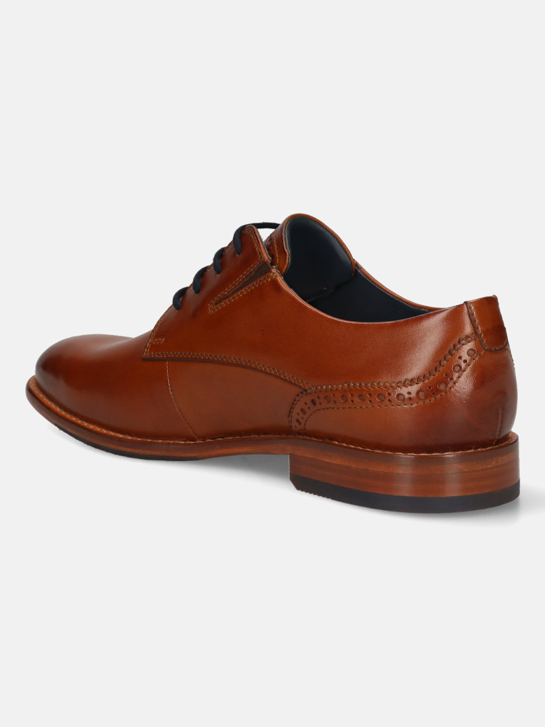 Men's Bugatti derby cognac leather shoes with a round toe and plain toe featuring a stacked heel , a leather outsole , and laces fastening.