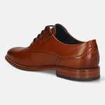 Men's Bugatti derby cognac leather shoes with a round toe and plain toe featuring a stacked heel , a leather outsole , and laces fastening.