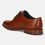 Men's Bugatti derby cognac leather shoes with a round toe and plain toe featuring a stacked heel , a leather outsole , and laces fastening.