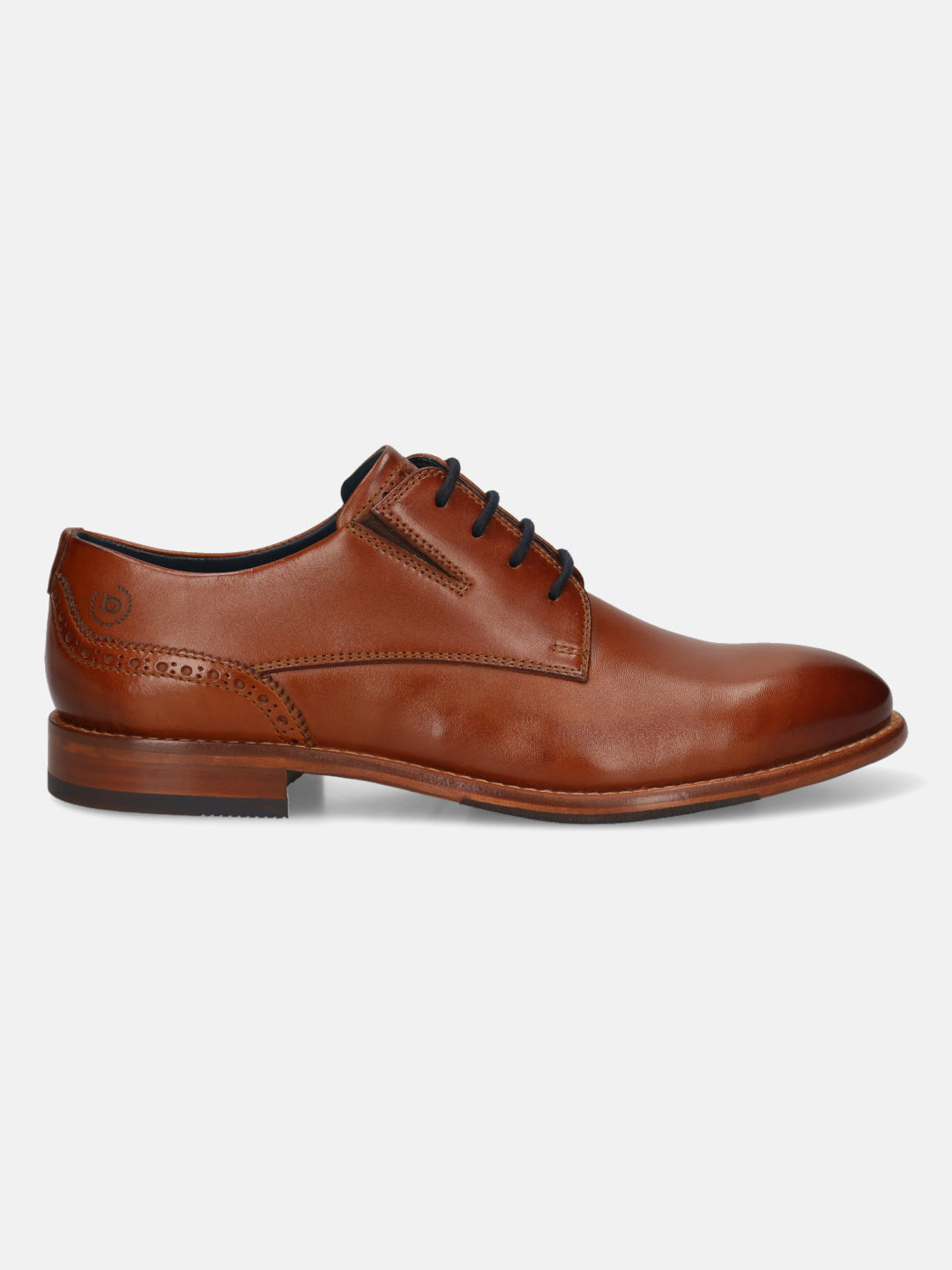 Men's Bugatti derby cognac leather shoes with a round toe and plain toe featuring a stacked heel , a leather outsole , and laces fastening.