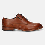 Men's Bugatti derby cognac leather shoes with a round toe and plain toe featuring a stacked heel , a leather outsole , and laces fastening.