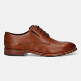 Men's Bugatti derby cognac leather shoes with a round toe and plain toe featuring a stacked heel , a leather outsole , and laces fastening.