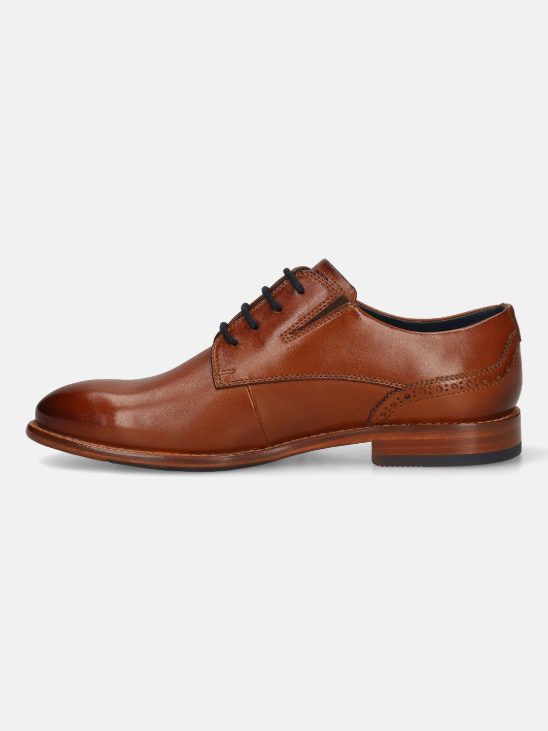 Men's Bugatti derby cognac leather shoes with a round toe and plain toe featuring a stacked heel , a leather outsole , and laces fastening.