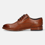 Men's Bugatti derby cognac leather shoes with a round toe and plain toe featuring a stacked heel , a leather outsole , and laces fastening.