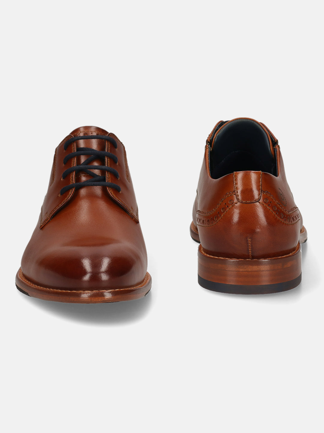 Men's Bugatti derby cognac leather shoes with a round toe and plain toe featuring a stacked heel , a leather outsole , and laces fastening.