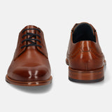 Men's Bugatti derby cognac leather shoes with a round toe and plain toe featuring a stacked heel , a leather outsole , and laces fastening.
