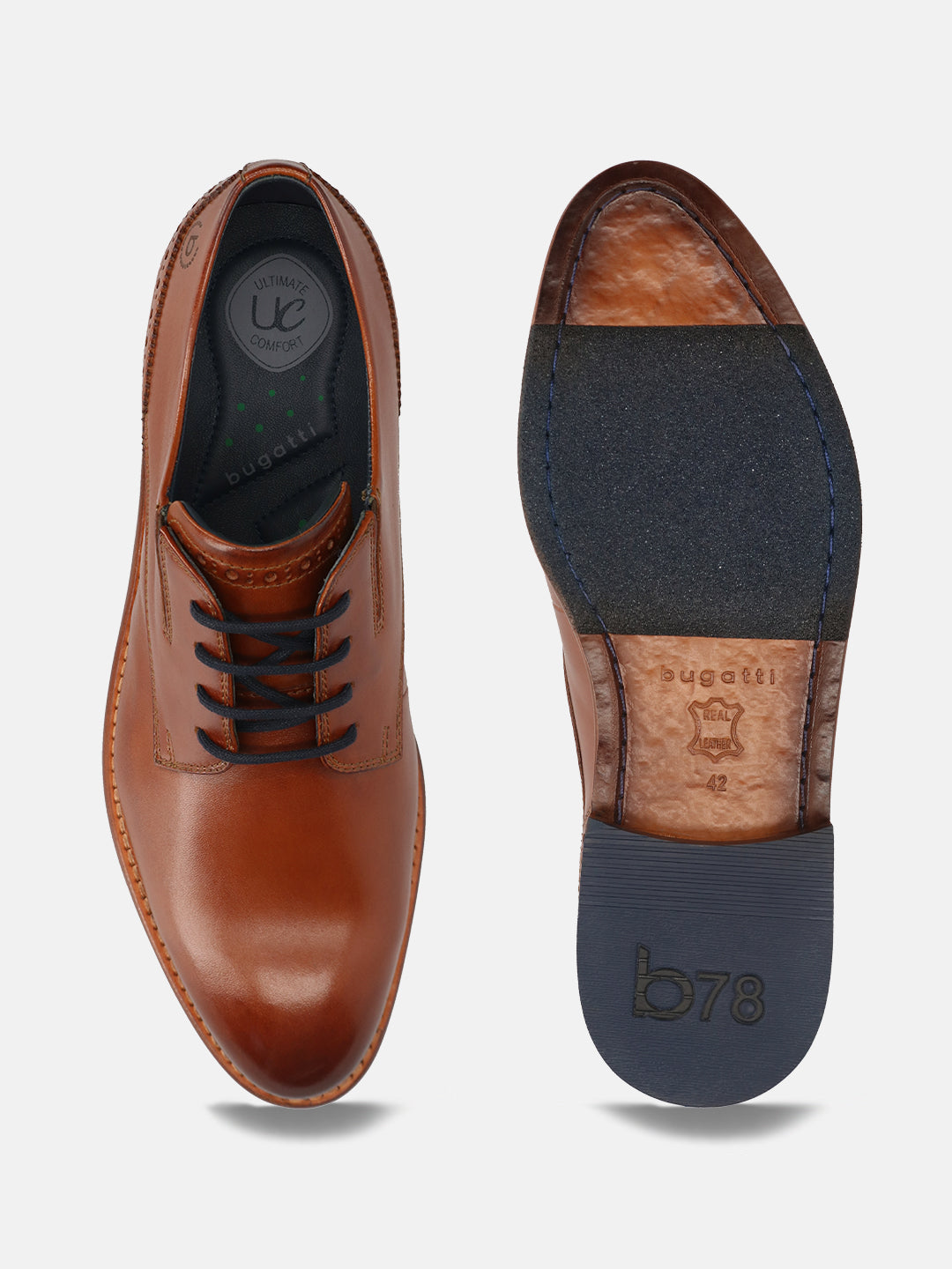 Men's Bugatti derby cognac leather shoes with a round toe and plain toe featuring a stacked heel , a leather outsole , and laces fastening.