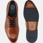 Men's Bugatti derby cognac leather shoes with a round toe and plain toe featuring a stacked heel , a leather outsole , and laces fastening.