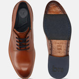Men's Bugatti derby cognac leather shoes with a round toe and plain toe featuring a stacked heel , a leather outsole , and laces fastening.