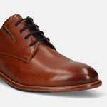 Men's Bugatti derby cognac leather shoes with a round toe and plain toe featuring a stacked heel , a leather outsole , and laces fastening.