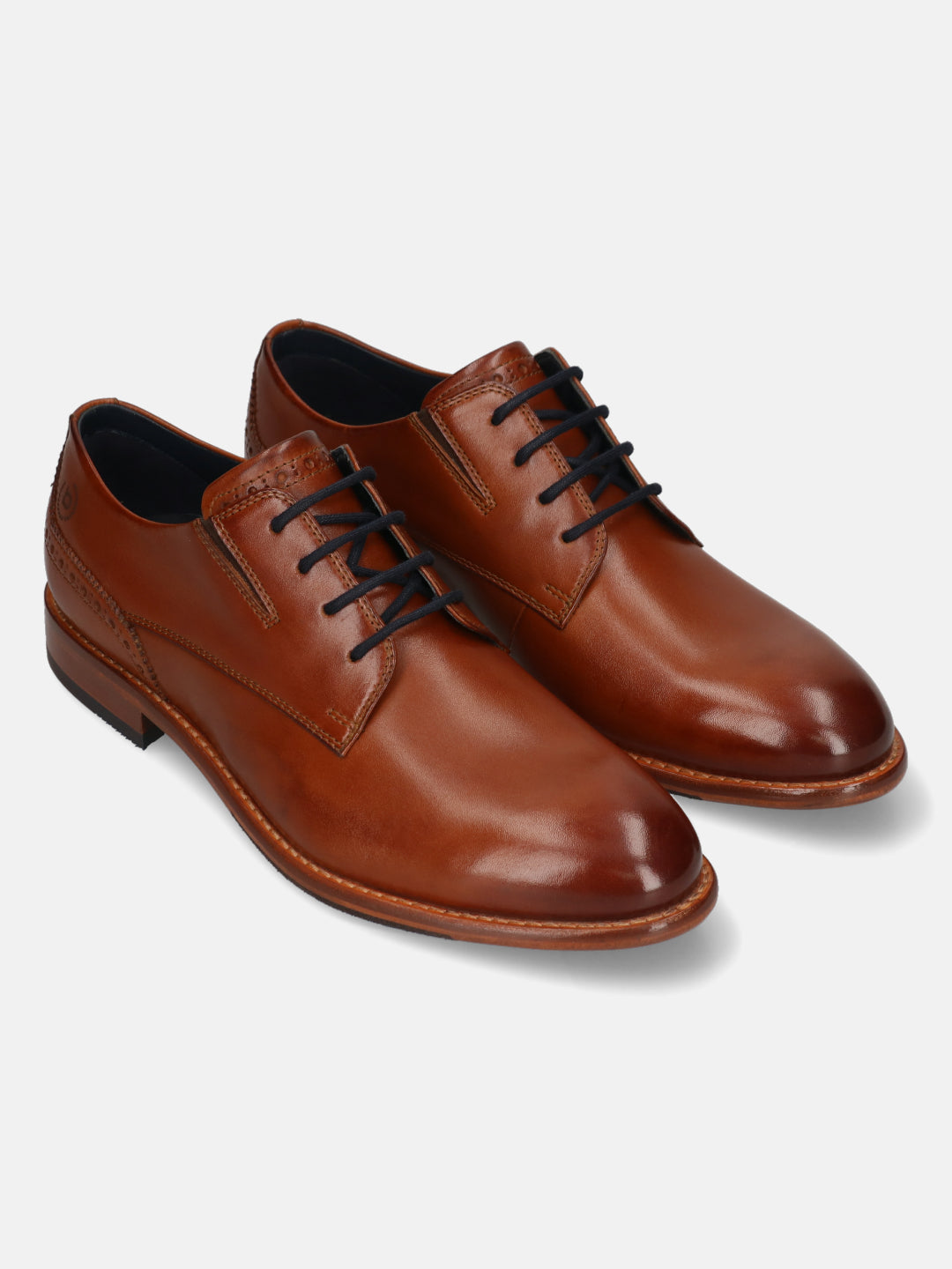 Men's Bugatti derby cognac leather shoes with a round toe and plain toe featuring a stacked heel , a leather outsole , and laces fastening.