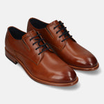 Men's Bugatti derby cognac leather shoes with a round toe and plain toe featuring a stacked heel , a leather outsole , and laces fastening.