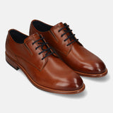 Men's Bugatti derby cognac leather shoes with a round toe and plain toe featuring a stacked heel , a leather outsole , and laces fastening.