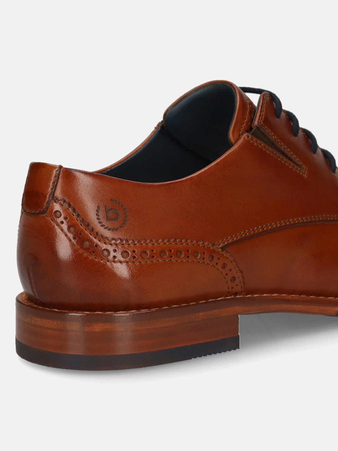 Men's Bugatti derby cognac leather shoes with a round toe and plain toe featuring a stacked heel , a leather outsole , and laces fastening.