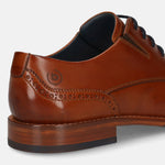Men's Bugatti derby cognac leather shoes with a round toe and plain toe featuring a stacked heel , a leather outsole , and laces fastening.