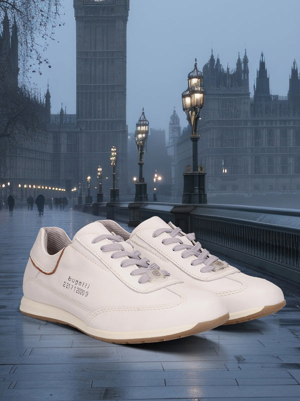 A white Men's bugatti Sneakers featuring a round plain toe, zero heels heel. Made from premium genuine leather with a durable tr outsole, this laces design offers both style and comfort.
