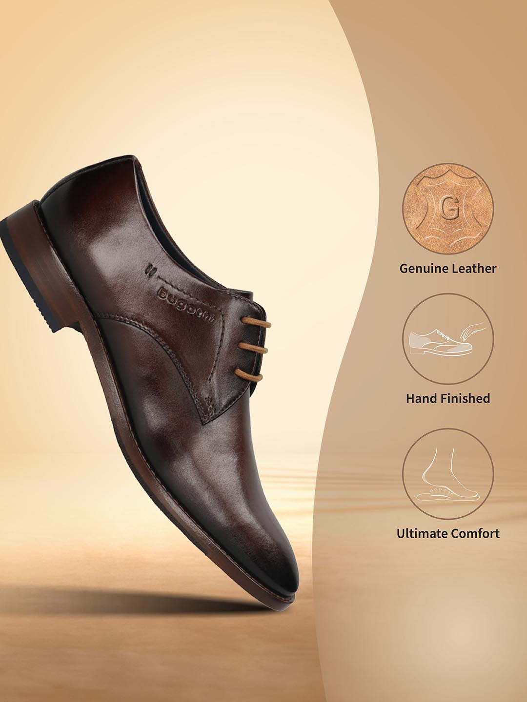 Men's Bugatti derby brown leather shoes with a pointed toe and plain toe featuring a stacked heel , a leather outsole , and laces fastening.