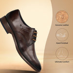 Men's Bugatti derby brown leather shoes with a pointed toe and plain toe featuring a stacked heel , a leather outsole , and laces fastening.