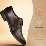 Men's Bugatti derby brown leather shoes with a pointed toe and plain toe featuring a stacked heel , a leather outsole , and laces fastening.