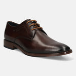 Men's Bugatti derby brown leather shoes with a pointed toe and plain toe featuring a stacked heel , a leather outsole , and laces fastening.