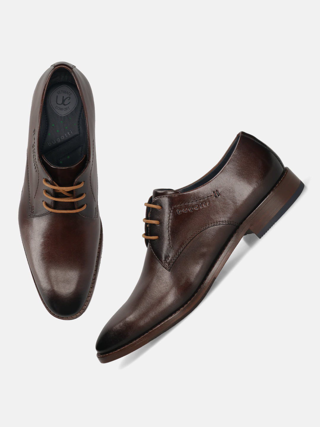 Men's Bugatti derby brown leather shoes with a pointed toe and plain toe featuring a stacked heel , a leather outsole , and laces fastening.
