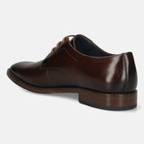 Men's Bugatti derby brown leather shoes with a pointed toe and plain toe featuring a stacked heel , a leather outsole , and laces fastening.