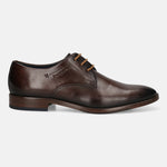 Men's Bugatti derby brown leather shoes with a pointed toe and plain toe featuring a stacked heel , a leather outsole , and laces fastening.