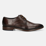 Men's Bugatti derby brown leather shoes with a pointed toe and plain toe featuring a stacked heel , a leather outsole , and laces fastening.