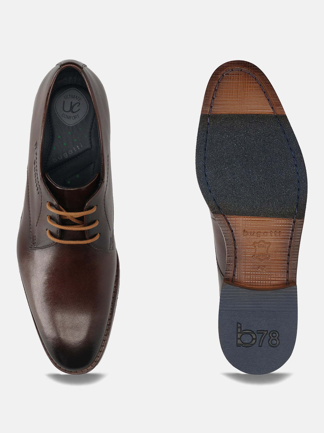 Men's Bugatti derby brown leather shoes with a pointed toe and plain toe featuring a stacked heel , a leather outsole , and laces fastening.