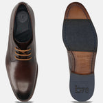 Men's Bugatti derby brown leather shoes with a pointed toe and plain toe featuring a stacked heel , a leather outsole , and laces fastening.