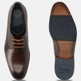 Men's Bugatti derby brown leather shoes with a pointed toe and plain toe featuring a stacked heel , a leather outsole , and laces fastening.