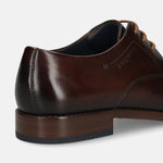 Men's Bugatti derby brown leather shoes with a pointed toe and plain toe featuring a stacked heel , a leather outsole , and laces fastening.