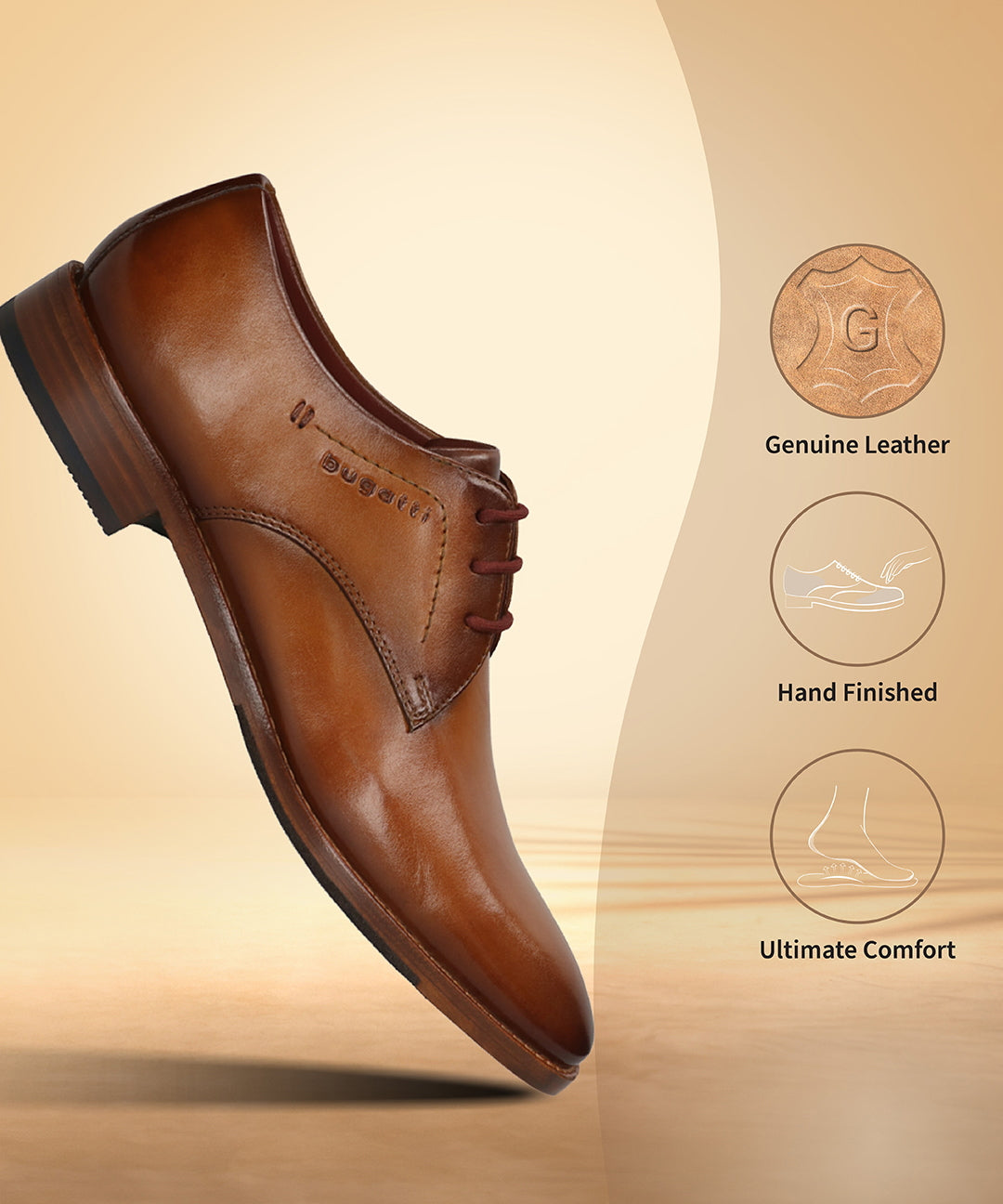 Men's Bugatti derby cognac leather shoes with a pointed toe and plain toe featuring a stacked heel , a leather outsole , and laces fastening.