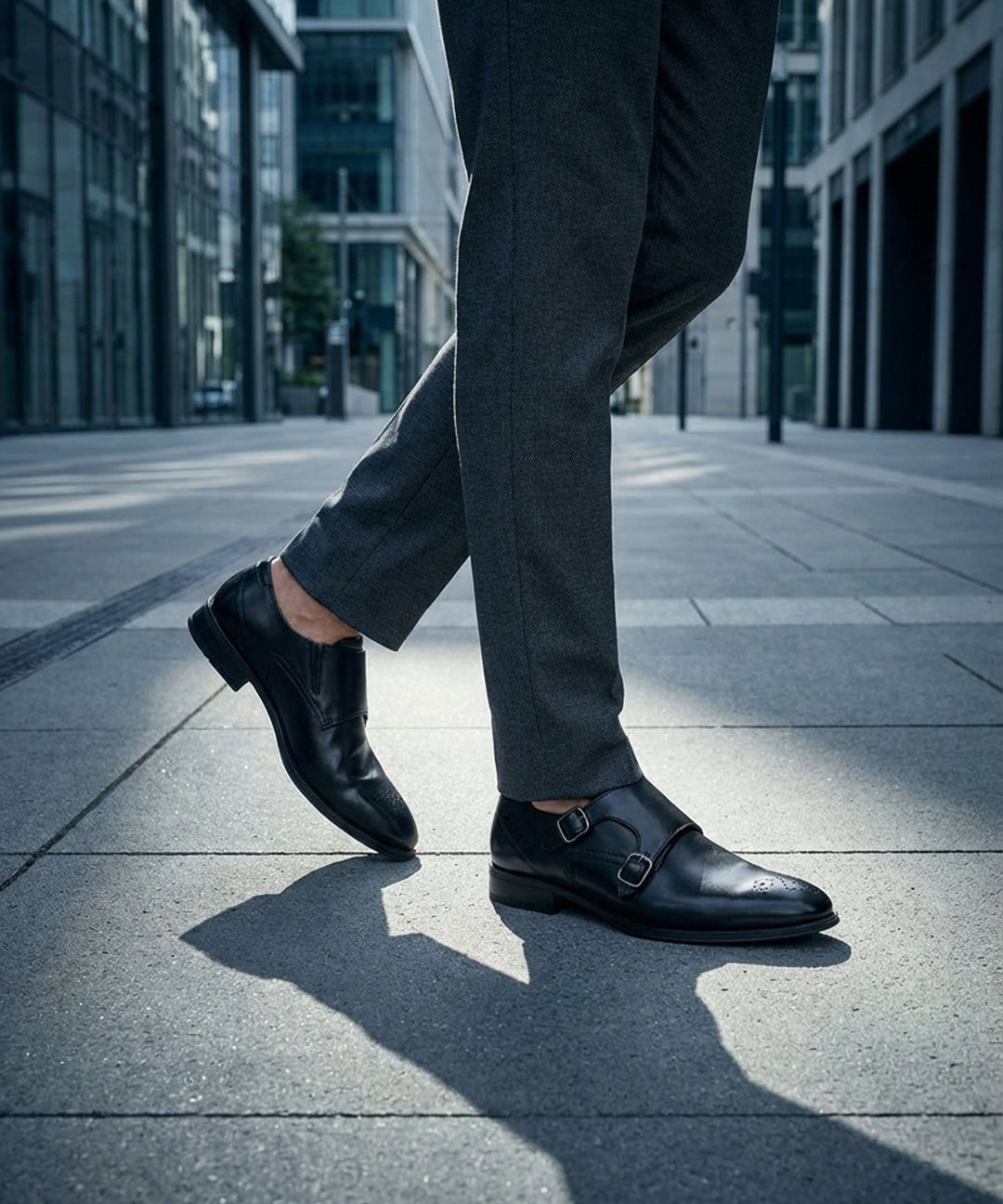 bugatti Zavinio black premium leather monk shoes with double buckle closure, gray pants, city background.