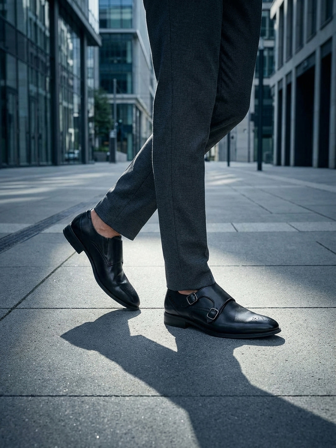 bugatti Zavinio black premium leather monk shoes with double buckle closure, gray pants, city background.