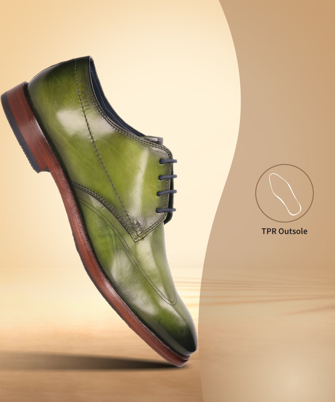 bugatti Mansaro green leather derby shoe with dark laces and a dark brown sole.
