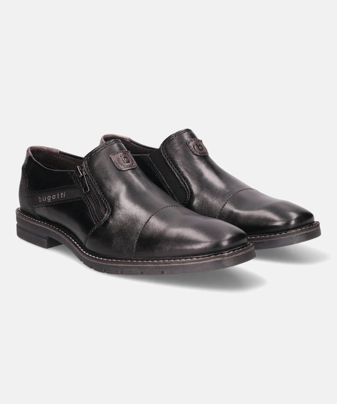 A black Men's bugatti Venetian Loafers featuring a round cap toe, moulded  heel, and a wide fit. Made from premium genuine leather with a durable tr outsole, this zipper design offers both style and comfort.
