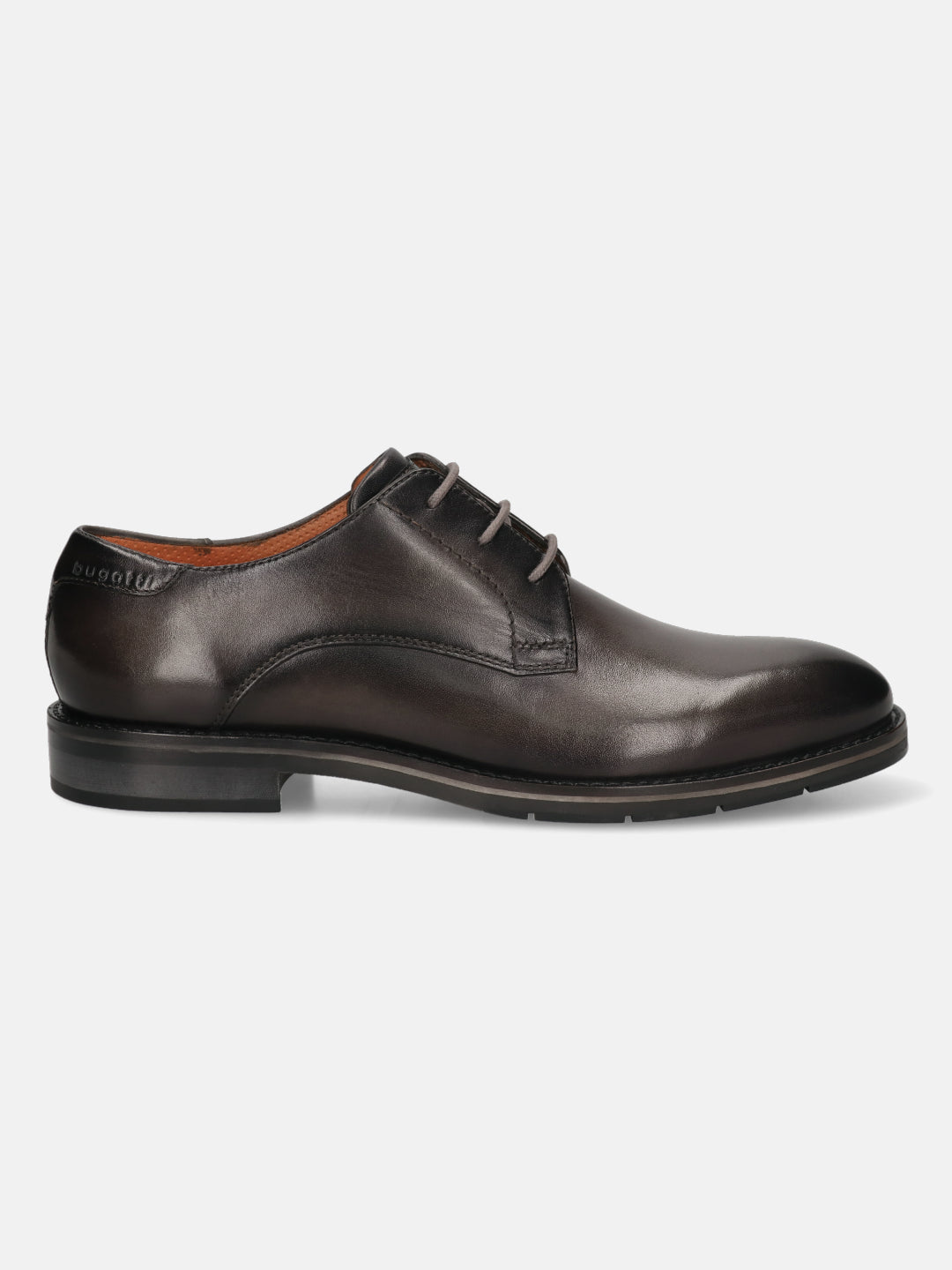 Men's Bugatti derby grey leather shoes with a round toe and plain toe featuring a stacked heel , a tpr outsole , and laces fastening.