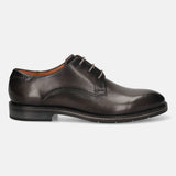 Men's Bugatti derby grey leather shoes with a round toe and plain toe featuring a stacked heel , a tpr outsole , and laces fastening.