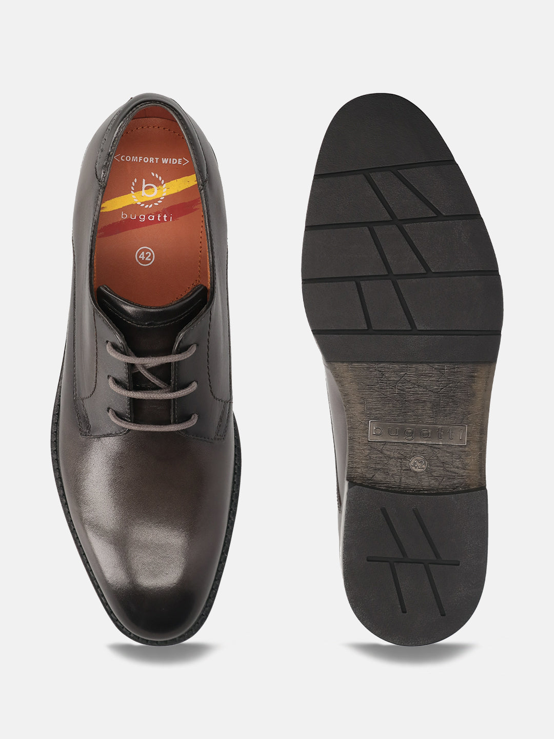 Men's Bugatti derby grey leather shoes with a round toe and plain toe featuring a stacked heel , a tpr outsole , and laces fastening.