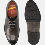 Men's Bugatti derby grey leather shoes with a round toe and plain toe featuring a stacked heel , a tpr outsole , and laces fastening.