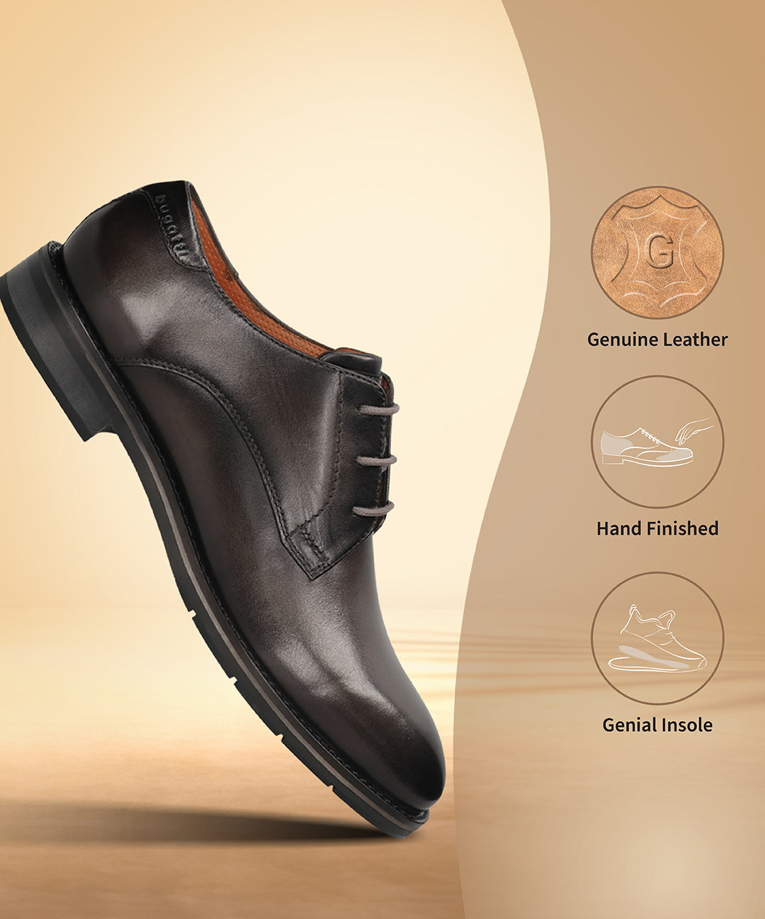 Men's Bugatti derby grey leather shoes with a round toe and plain toe featuring a stacked heel , a tpr outsole , and laces fastening.