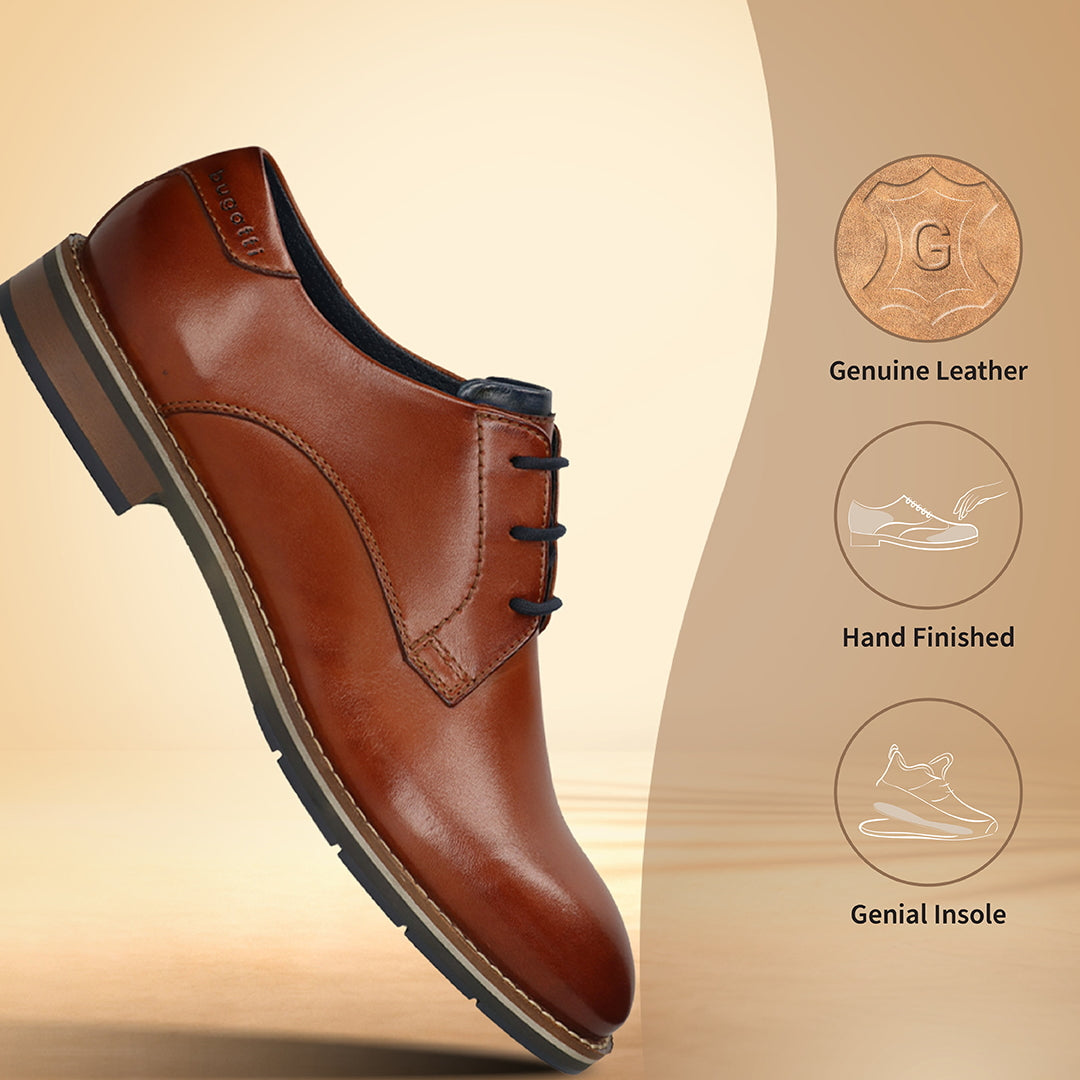 Men's Bugatti derby cognac leather shoes with a round toe and plain toe featuring a stacked heel , a tpr outsole , and laces fastening.