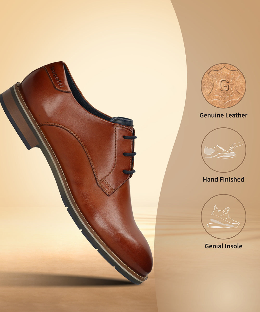 Men's Bugatti derby cognac leather shoes with a round toe and plain toe featuring a stacked heel , a tpr outsole , and laces fastening.