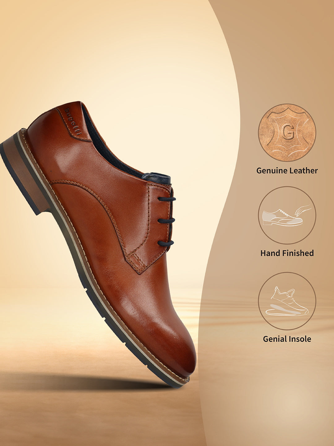 Men's Bugatti derby cognac leather shoes with a round toe and plain toe featuring a stacked heel , a tpr outsole , and laces fastening.