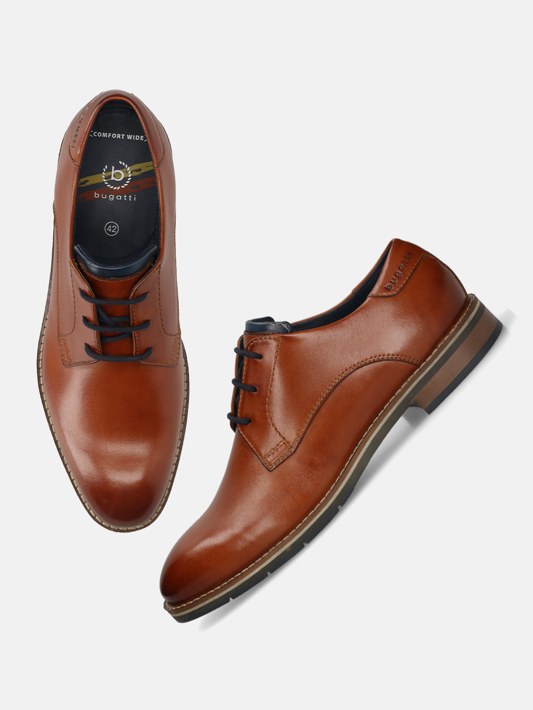 Men's Bugatti derby cognac leather shoes with a round toe and plain toe featuring a stacked heel , a tpr outsole , and laces fastening.