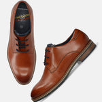 Men's Bugatti derby cognac leather shoes with a round toe and plain toe featuring a stacked heel , a tpr outsole , and laces fastening.