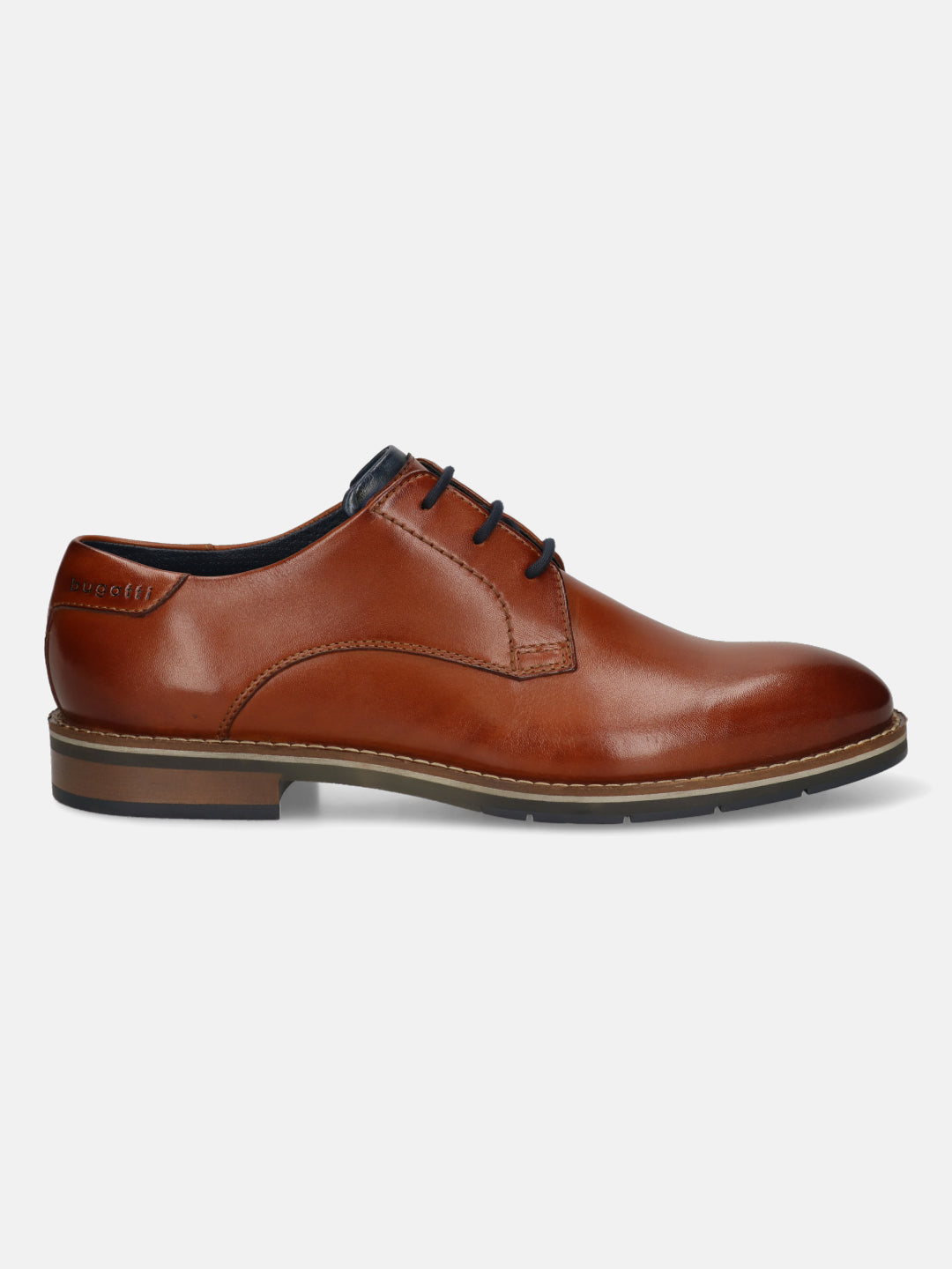 Men's Bugatti derby cognac leather shoes with a round toe and plain toe featuring a stacked heel , a tpr outsole , and laces fastening.