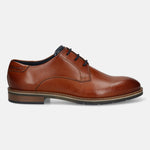 Men's Bugatti derby cognac leather shoes with a round toe and plain toe featuring a stacked heel , a tpr outsole , and laces fastening.